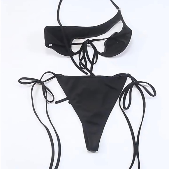 NEW! Black one shoulder asymmetric mesh cut out 2 piece bikini set; top & bottom - Picture 12 of 16